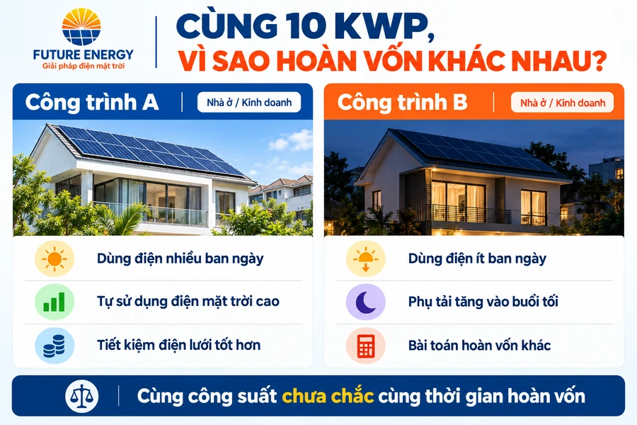 So sánh thời gian hoàn vốn giữa hai công trình điện mặt trời cùng 10 kWp So sánh thời gian hoàn vốn giữa hai công trình điện mặt trời cùng 10 kWp