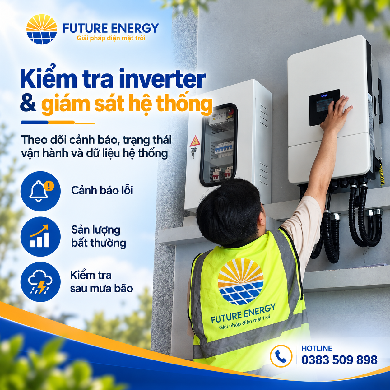 Kỹ thuật viên Future Energy kiểm tra inverter và trạng thái vận hành hệ thống