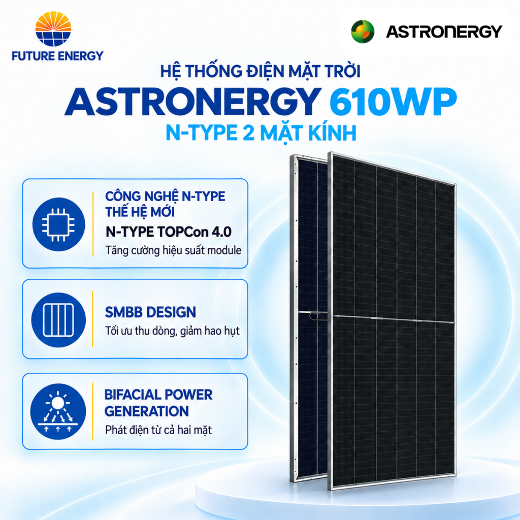 Pin Năng Lượng Mặt Trời Astronergy 610w N-type 2 Mặt Kính
