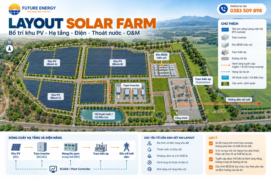 Concept layout Solar Farm với khu PV, đường nội bộ, BESS, trạm điện và thoát nước