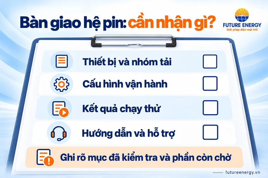 Phiếu bàn giao minh họa với bốn nhóm thiết bị, cấu hình, chạy thử và hướng dẫn; các ô kiểm tra để trống.