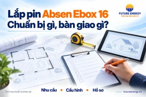 Minh họa bàn chuẩn bị khảo sát hệ pin Absen Ebox 16 với bản vẽ mặt bằng, phiếu kiểm tra và dụng cụ đo.