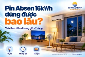 Minh họa phòng sinh hoạt buổi tối với đèn, tivi, quạt và máy lạnh khi tính thời gian dùng pin Absen 16kWh.