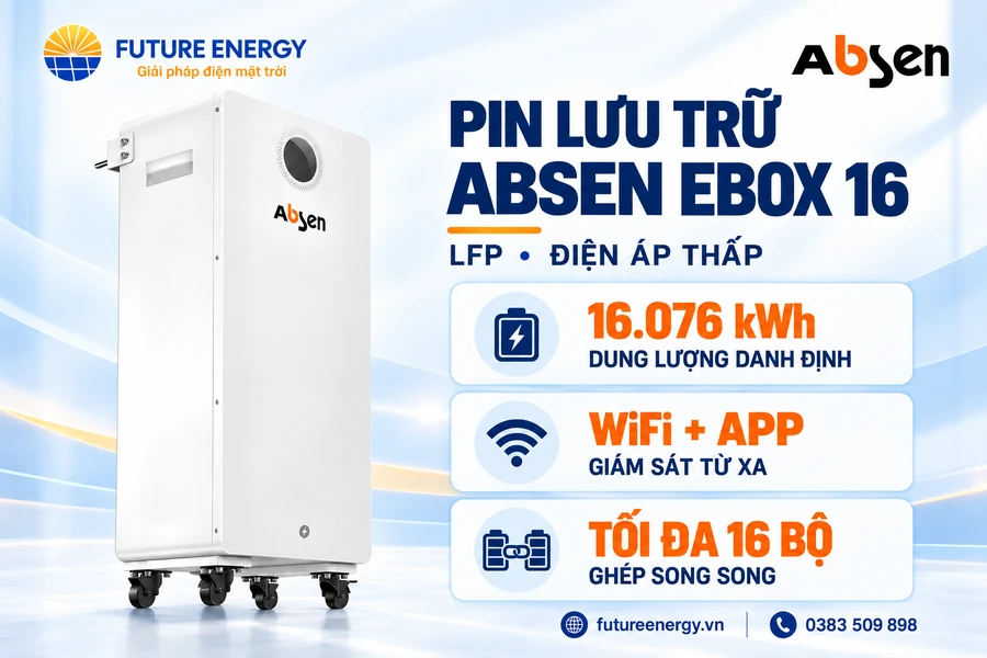 Pin lưu trữ Absen Ebox 16 dung lượng 16,076kWh, giám sát WiFi qua ứng dụng và ghép song song tối đa 16 bộ